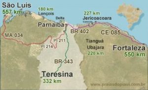 Map with distances to São Luis, Teresina, Fortaleza and Parnaíba until Barra Grande - Piauí